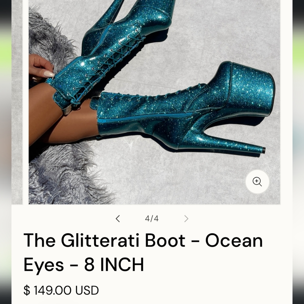 Hella Heels Ocean Eyes Gliteratti Boot 8 inch Size 7 US Pleaser
